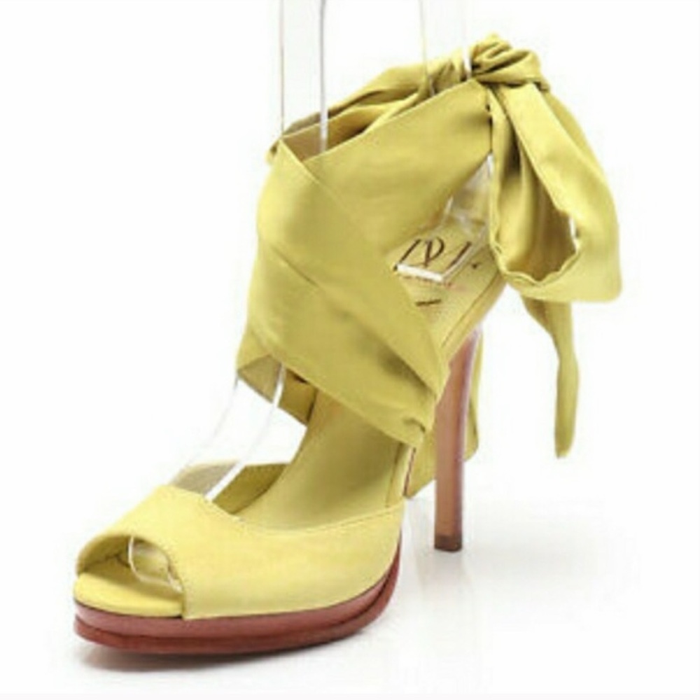 DVF lime green yellow suede heels satin ankle tie